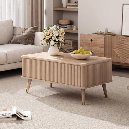 Lift Top Coffee Table with Storage, Mid Century Modern Coffee Table with Solid Wood Legs, 38" Minimalist Fluted Center Table for Living Room, Home Office, Natural Oak