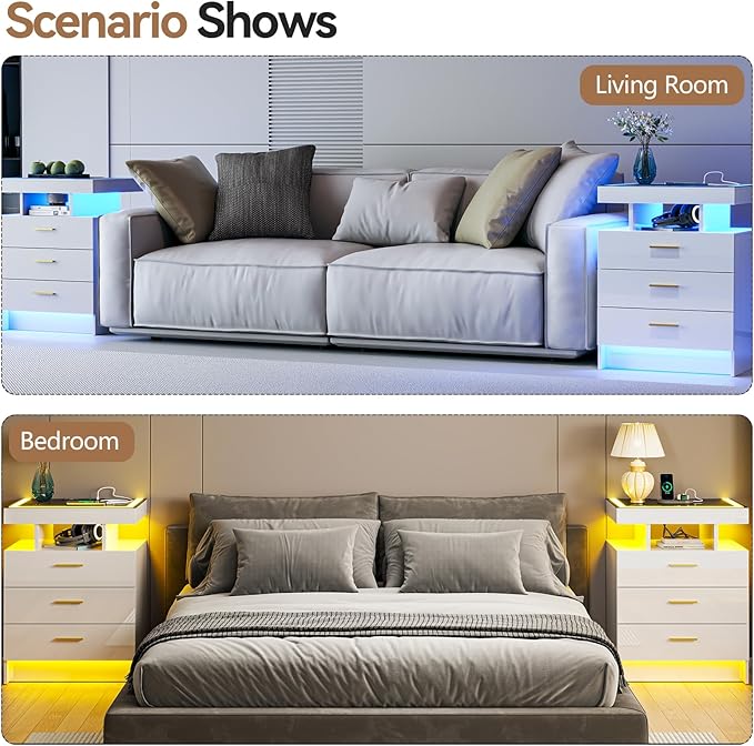 White Night Stand Set 2 with Wireless Charging Station, Smart Bedside Table