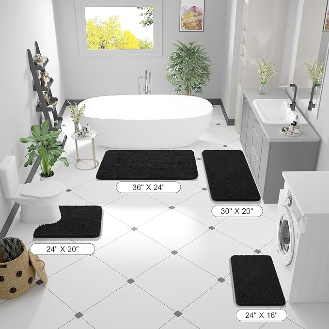 OLANLY Bathroom Runner Rugs 59x20, Extra Soft Absorbent Chenille Bath Rugs, Rubber Backing Quick Dry, Machine Washable Long Bath Mats for Bathroom Floor, Tub and Shower, Home Decor Accessories, Black