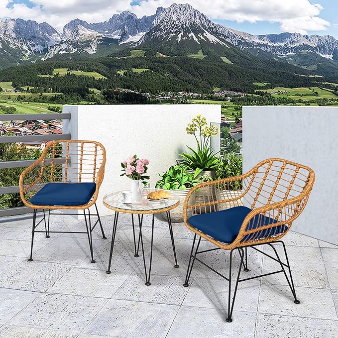 Tangkula 3 Pieces Patio Bistro Set, Rattan Conversation Set