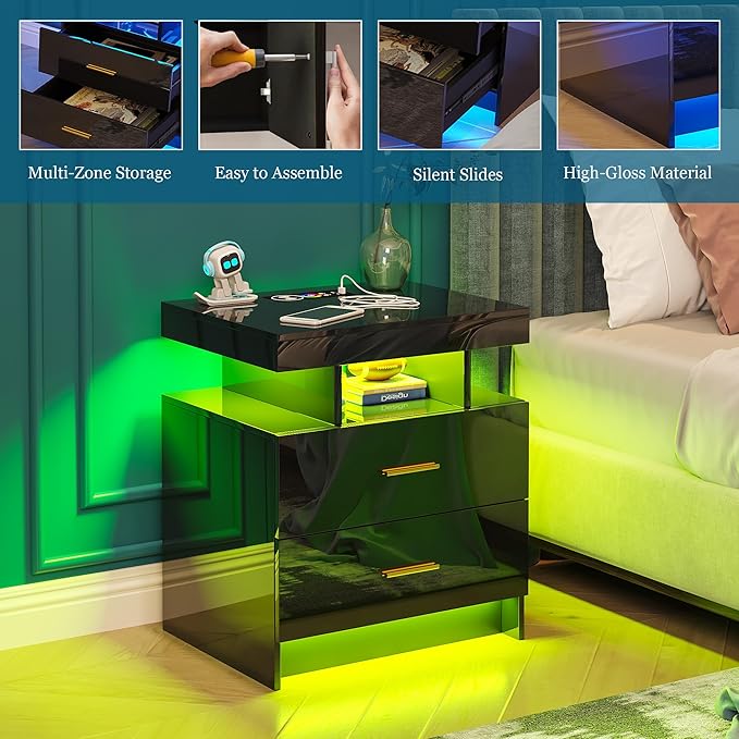WOOVIVS Night Stand with Light, High Gloss Nightstand with USB/Wireless