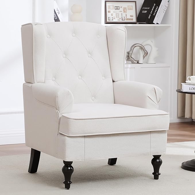 Accent Chair Set of 2, Mid Century Modern Fabric Wingback Chair, Upholstered