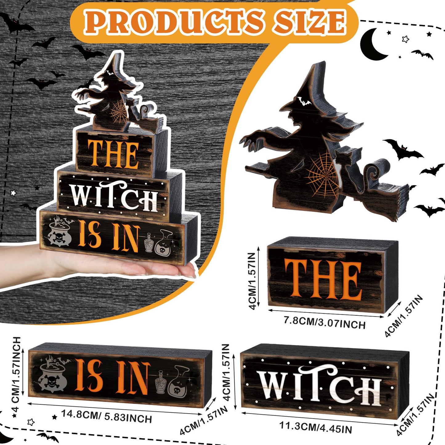 4 Pcs Halloween Table Decor Witch Black Cat Wooden Sign Halloween Tiered Tray Decor Farmhouse Witch Tabletop Centerpiece Rustic Brew Wooden Block Signs for Home Office Kitchen Shelf