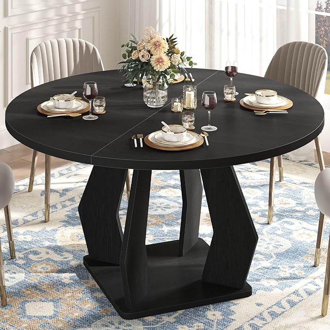 IBF Black Round Dining Table for 4-6, 47 Inch Kitchen Table