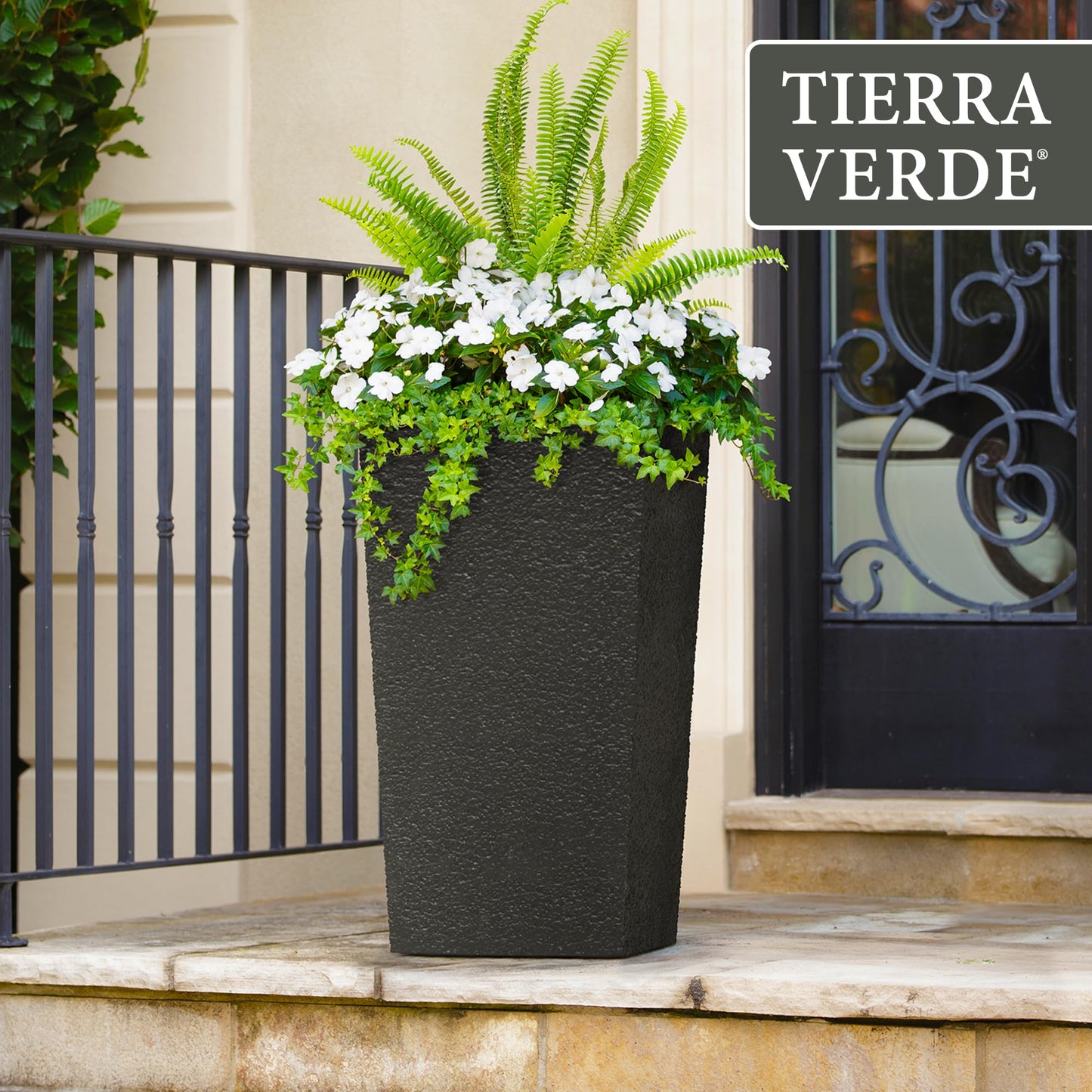 Tierra Verde Indoor & Outdoor Self-Watering Square Planter, Citadel Stucco, 13.5" x 26", Black - Planting Containers for Plants and Flowers - Gardening and Landscaping Accessories
