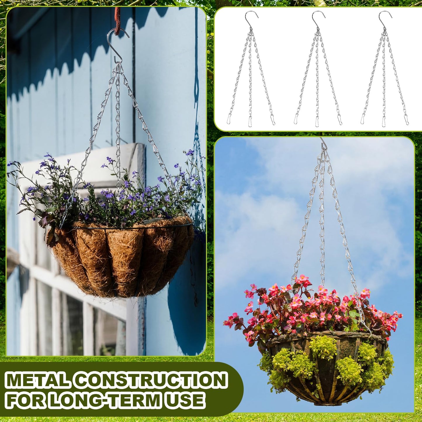 Hicarer 50 Pack Hanging Basket Chain 16 Inch Bulk Chains for Hanging Baskets with Hooks 3 Leads Metal Chain Planter Hangers Outdoor Flower Plant Pot Replacement for Patio Garden Greenhouse Supplies