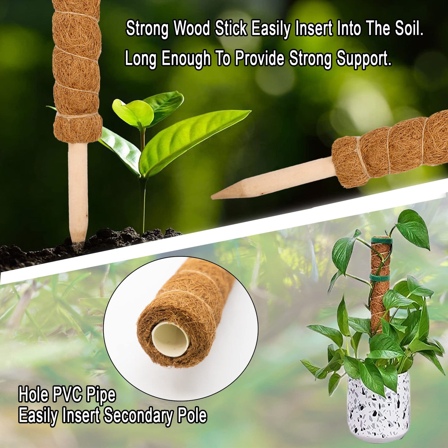 XIRENE 4 Pcs Moss Pole Extending to 51.1 Inches for Plants Monstera, Coco Coir Moss Sticks for Indoor Plants Support Stakes for Climbing Plants Grow Upward with Jute Rope, Tool Set and Hook-Loop Strip