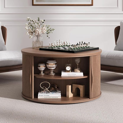 Round Lift Top Coffee Table, 31.5” Mid Century Modern Center Table with Hidden Storage, Fluted Circle Coffee Tables for Living Room, Home Office, Walnut