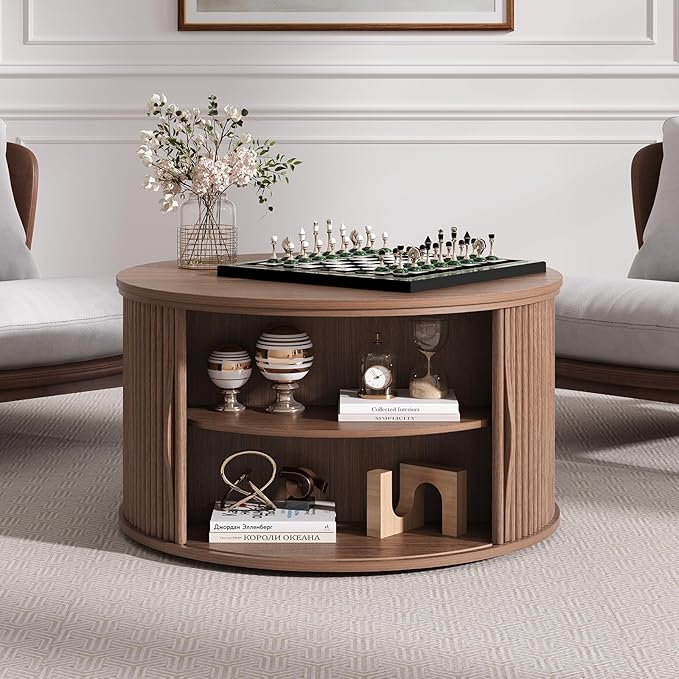 JOINICE 31.5" Round Lift Top Coffee Table, Mid Century Modern Walnut Center