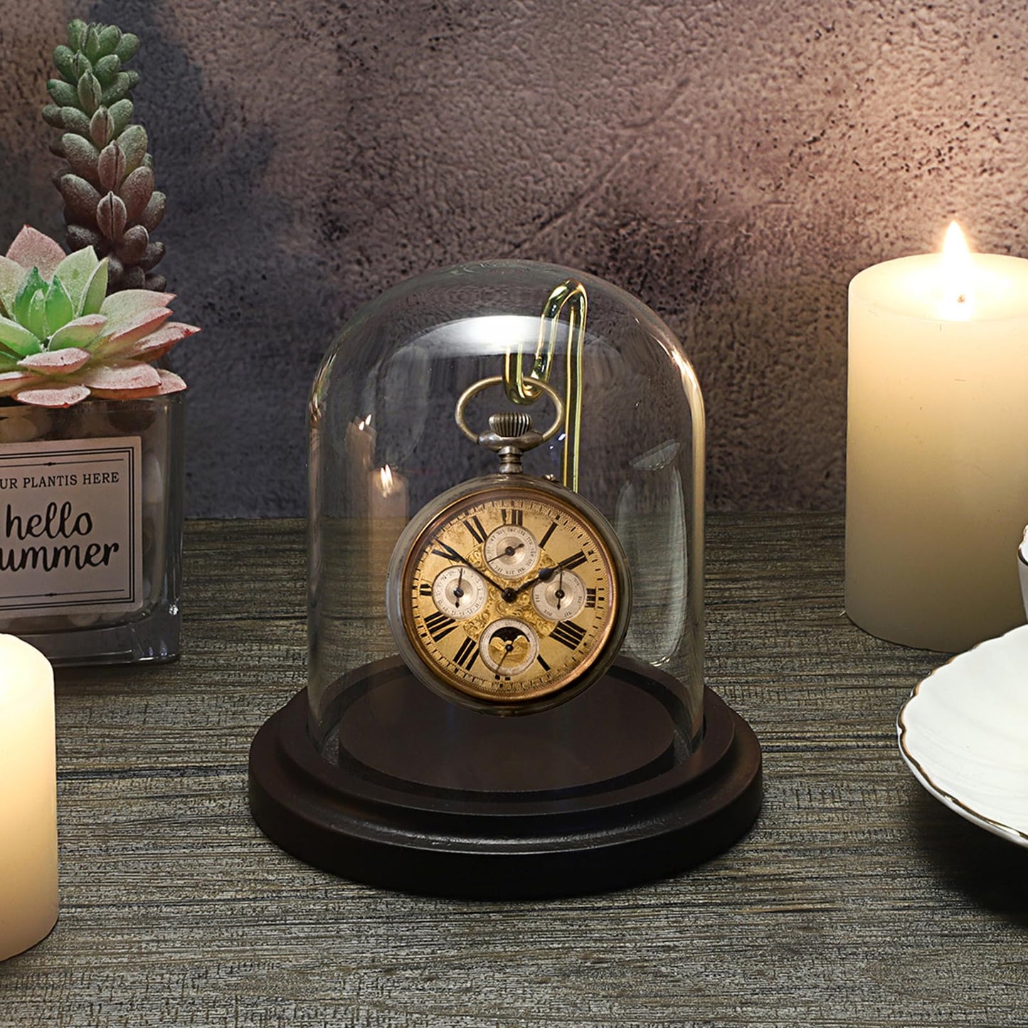 JUXYES 2 Pack Clear Watch Glass Display Dome Cloche With Hook, Dome Cloche with Hook with Wooden Base, Glass Dome Cloche Bell Terrarium Jar Cloche Bell Jar Display for Watch Ornaments