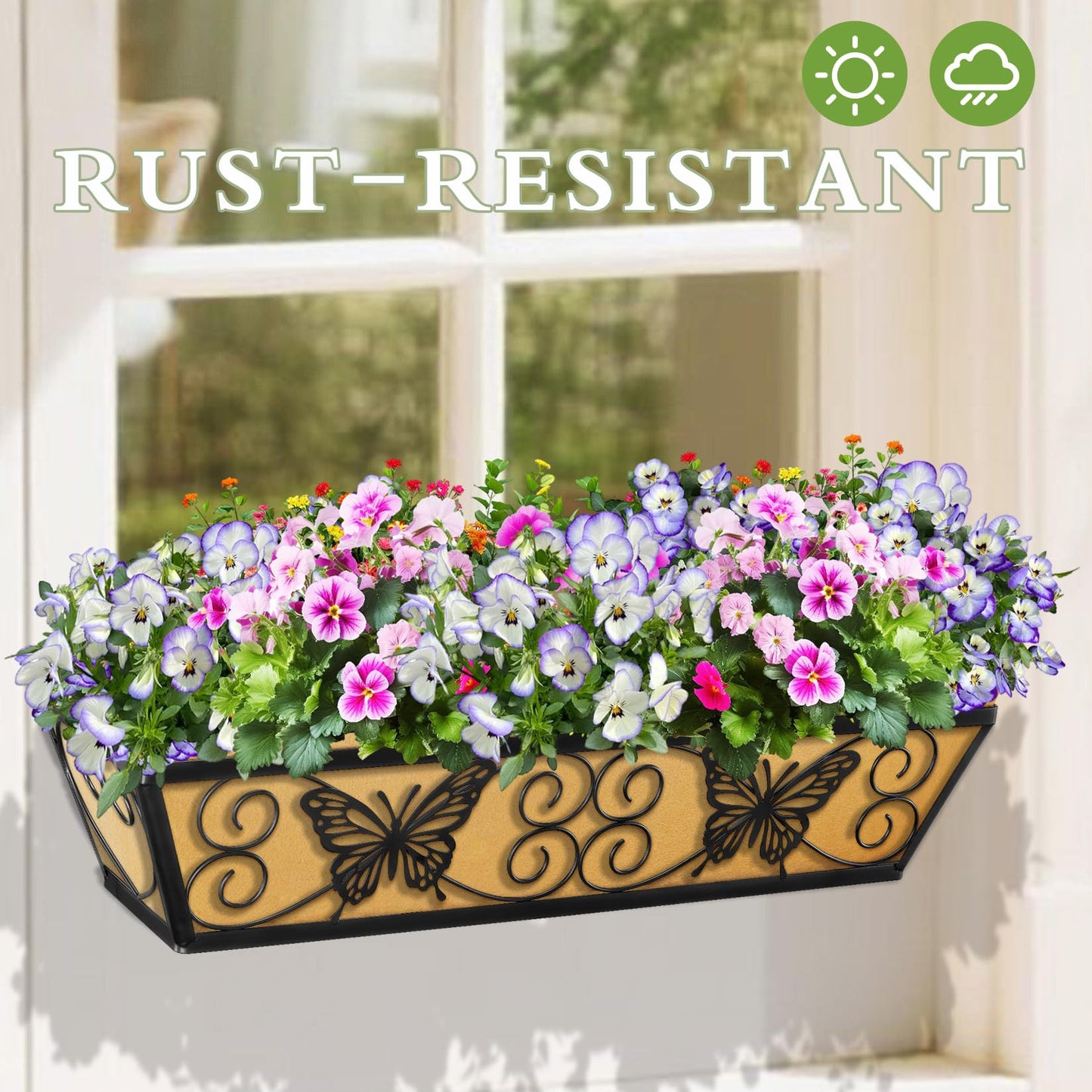 Karlliu 2 Pack 24 Inch Window Boxes Planters Railing Planter Box with Adjustable Brackets for Porch Fence Patio Balcony Hanging Flower Baskets with Woven Fabric for Outdoor Garden Decor - Black