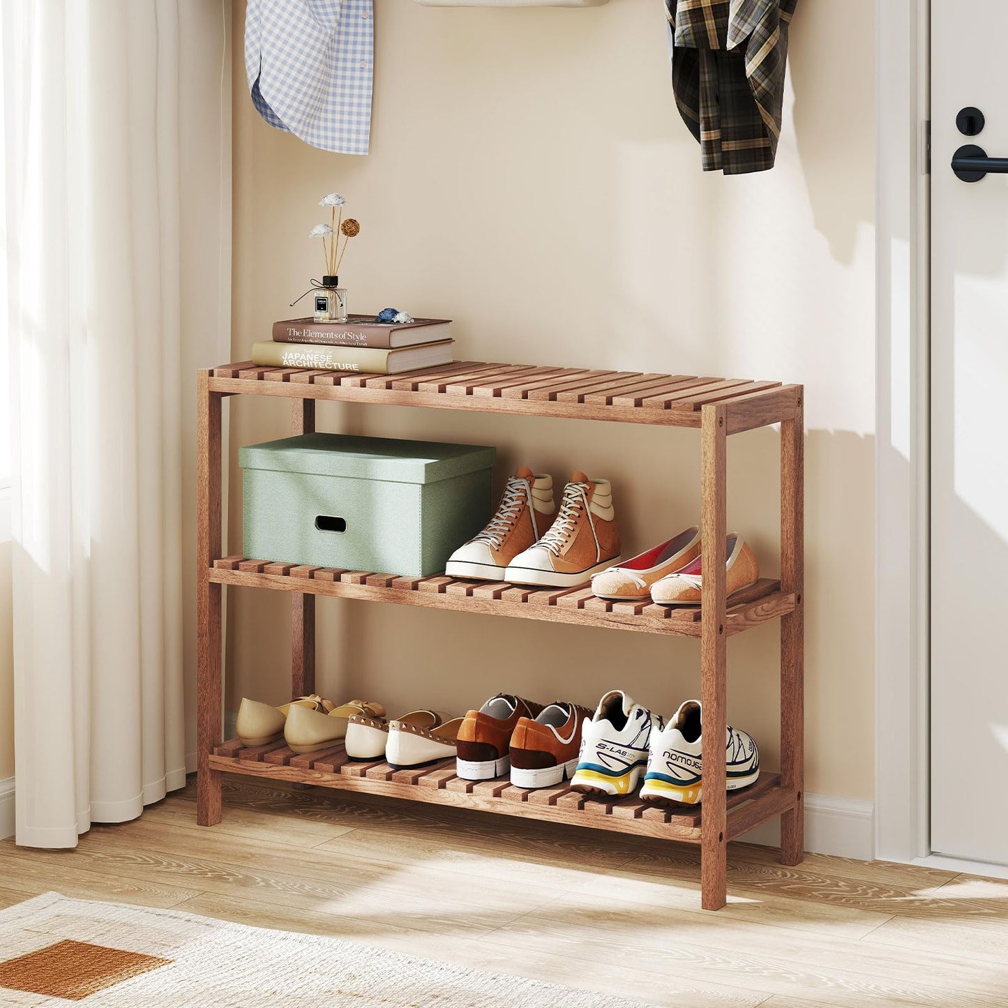 Giantex 3-Tier Wooden Bookshelf, Teak Wood Stand Storage Shelf, Rustic Plant Stand, Slatted Shelves, Farmhouse Storage Organizer, Multifunctional Display Rack for Entryway Living Room Bedroom