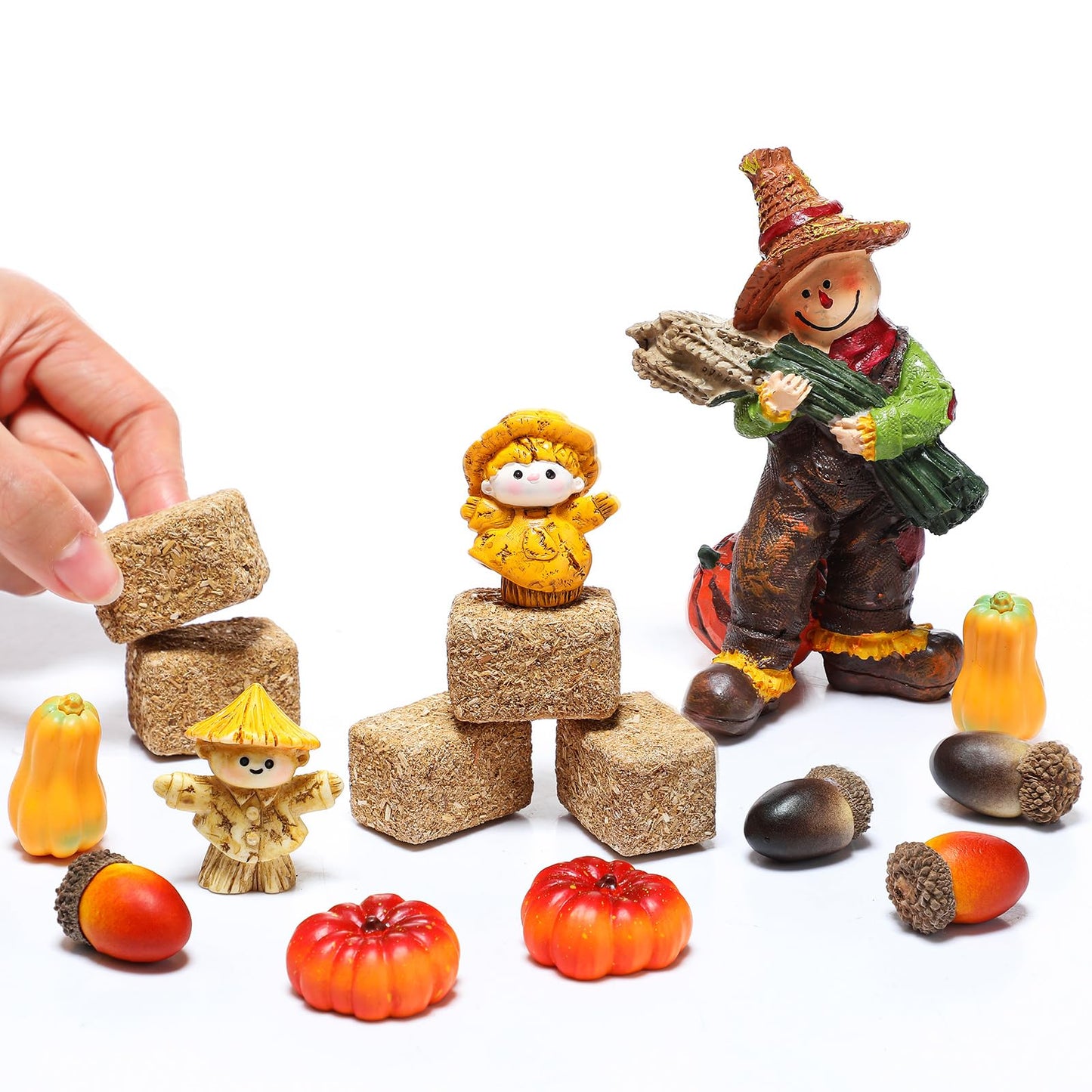 Arrowbash Fall Village Accessories Mini Hay Bales Set Fall Miniature Figurines with Acorns Pumpkins Scarecrow Simulation Farm for Dollhouse Farmhouse Autumn Harvest Thanksgiving Tabletop Decor
