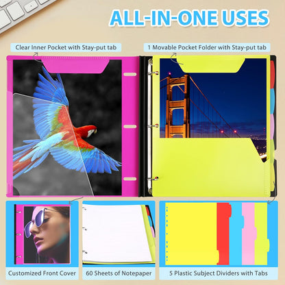 WOT I 1-Pack Telescoping 3 Ring Binder Notebook - Customizable Cover, 5 Dividers & Pocket Folder in One Slim Organizer (60 Sheets Included), Pink