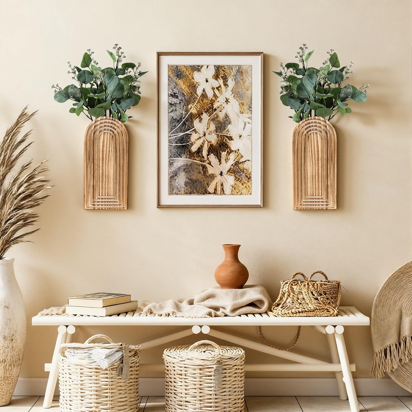 DREAMLOOM 2 Pack Wooden Wall Vases with Fake Plants, Wall Hanging Planters Boho Modern Farmhouse Indoor for Narrow Spaces Entryway Bathroom Home Office Decoration, Black