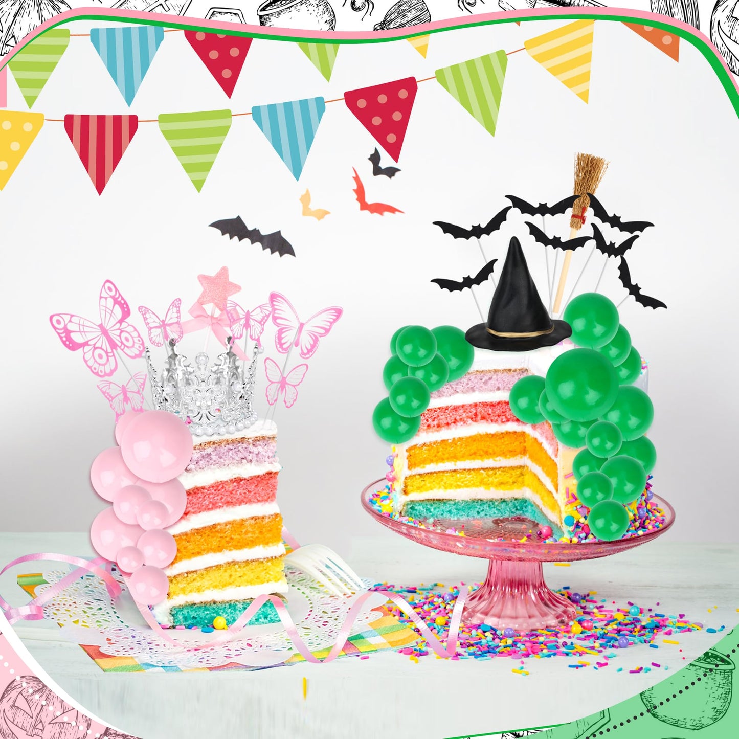 74 Pcs Witch Theme Cake Decorations Party Supplies - Green&Pink Balloons, Mini Witch Hat, Crown, Broom, Magic Wand, Bat and Butterfly Cake Topper - for Princess Witch Halloween Birthday Decoration