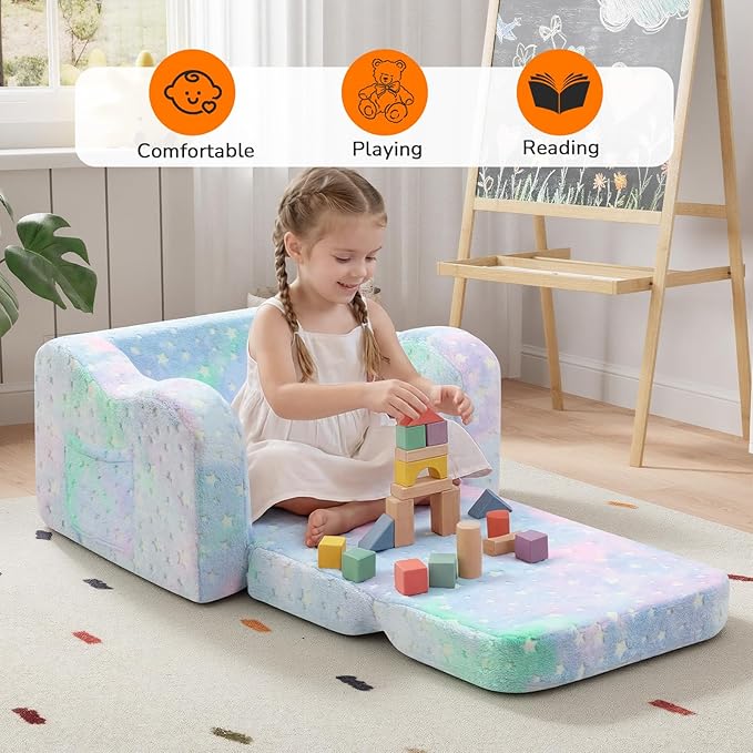 MeMoreCool Glowing Pastel Rainbow Kids Chair, 2-in-1 Foldable Kids Couch and
