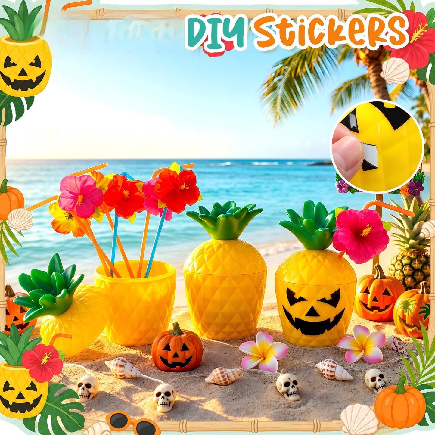 Yungyan 6 Sets Summer Halloween Pineapple Cups Drink Bottles with Ghost Facial Stickers & Straws for Summer Halloween Party Supplies Hawaiia Themed Hallows' Eve Ghost Tropical Favors Decorations