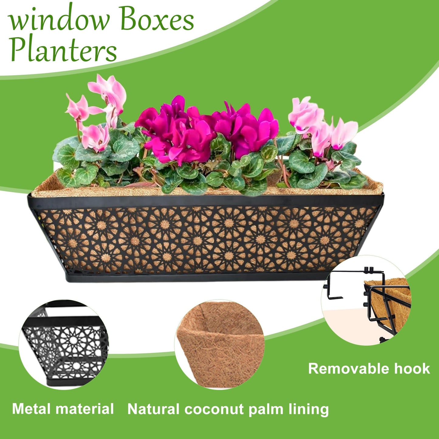 EIMQUVW 2 Pack 24" Railing Planter Window Box Deck Balcony Rail Planter Black Metal Flower Basket Horse Trough Planters with Coco Fiber Liner for Porch Fence Patio Outdoor