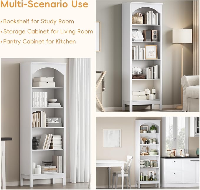Arched Bookshelf with 5 Tier Open Shelves, Study and Living Room, Modern White