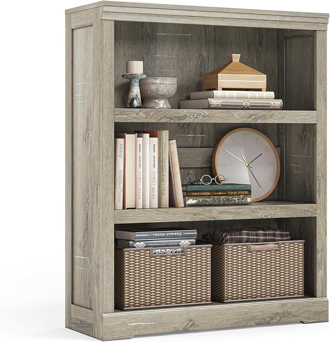 LINSY HOME 3-Tier Bookshelf, Small Wood Display Storage Shelves Farmhouse