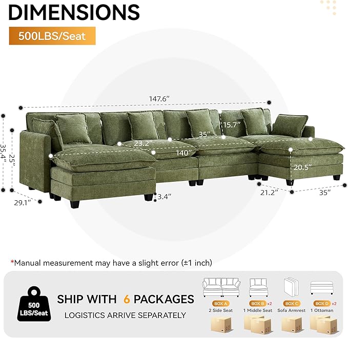 147'' Sectional Cloud Deep Seat Couch, Oversized Chenille U Shaped Sectional