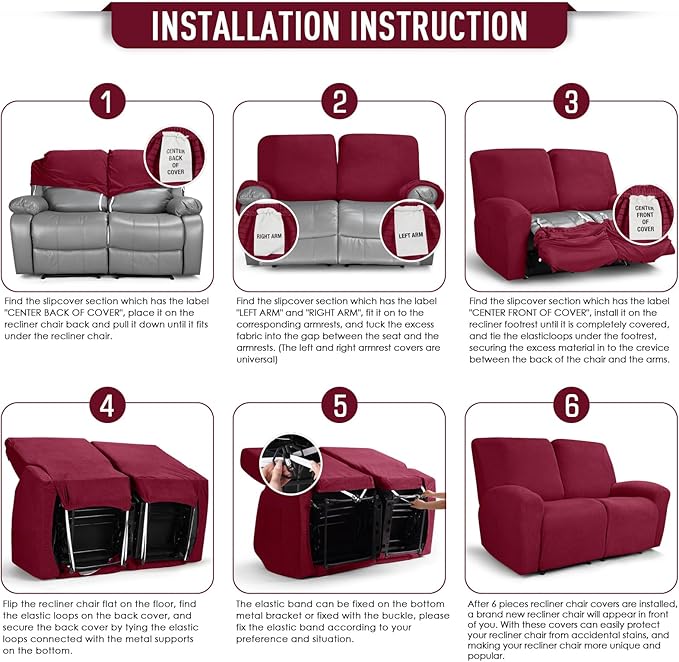 TAOCOCO Recliner Loveseat Slipcover, 6 Pieces Dual Recliner Sofa Covers