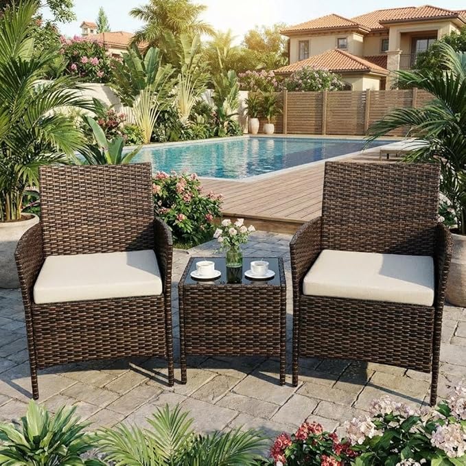 3PCS Outdoor Patio Bistro Set, PE Rattan Wicker Armchairs