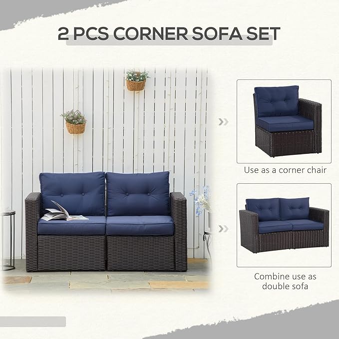 Outsunny 2 Piece Patio Wicker Corner Sofa Set, Outdoor PE Rattan Furniture