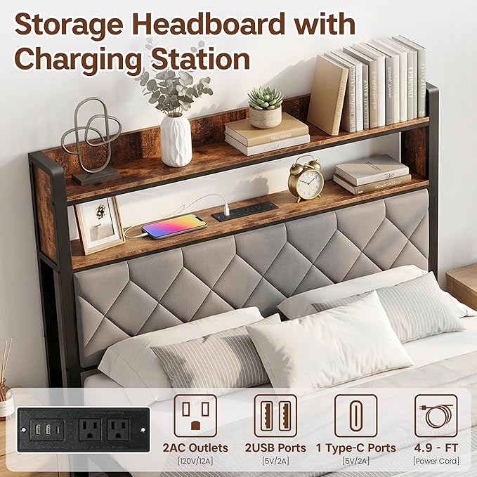 King Size Bed Frame with Charging Station, King Bed Frame with Upholstered