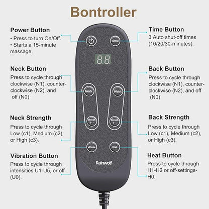 Rainwolf Shiatsu Neck and Back Massage Cushion with Heat - 4D Deep Tissue Kneading Full-Back Massager for Relief Stress, Adjustable Intensity & Height, for Office Chair & Home