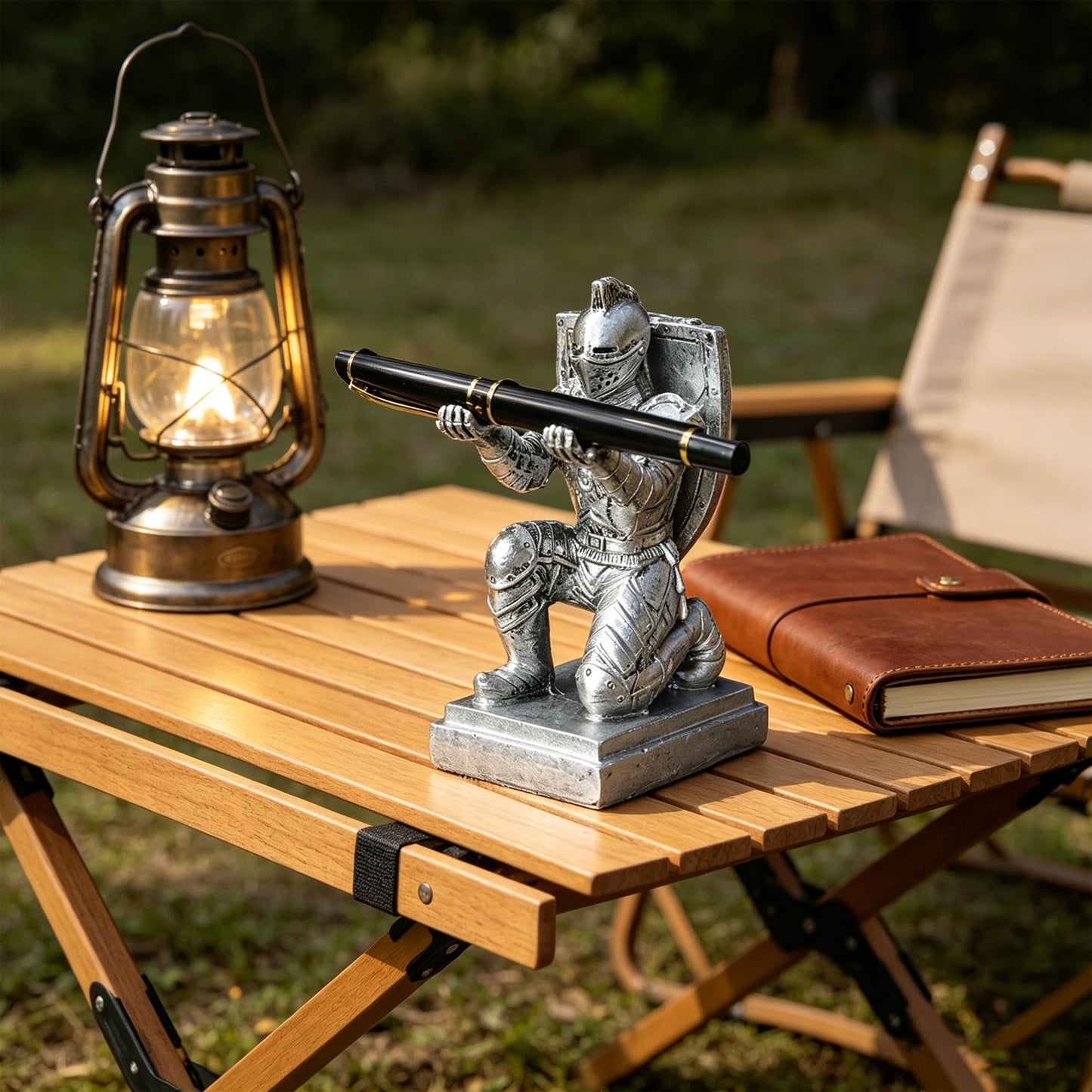 Resin Soldier Shield Knight Decor Statue Pen Holder Base for Desk, Desktop Organizer Pencil Stand Display for Office, School, Home, as Gift for Men Father