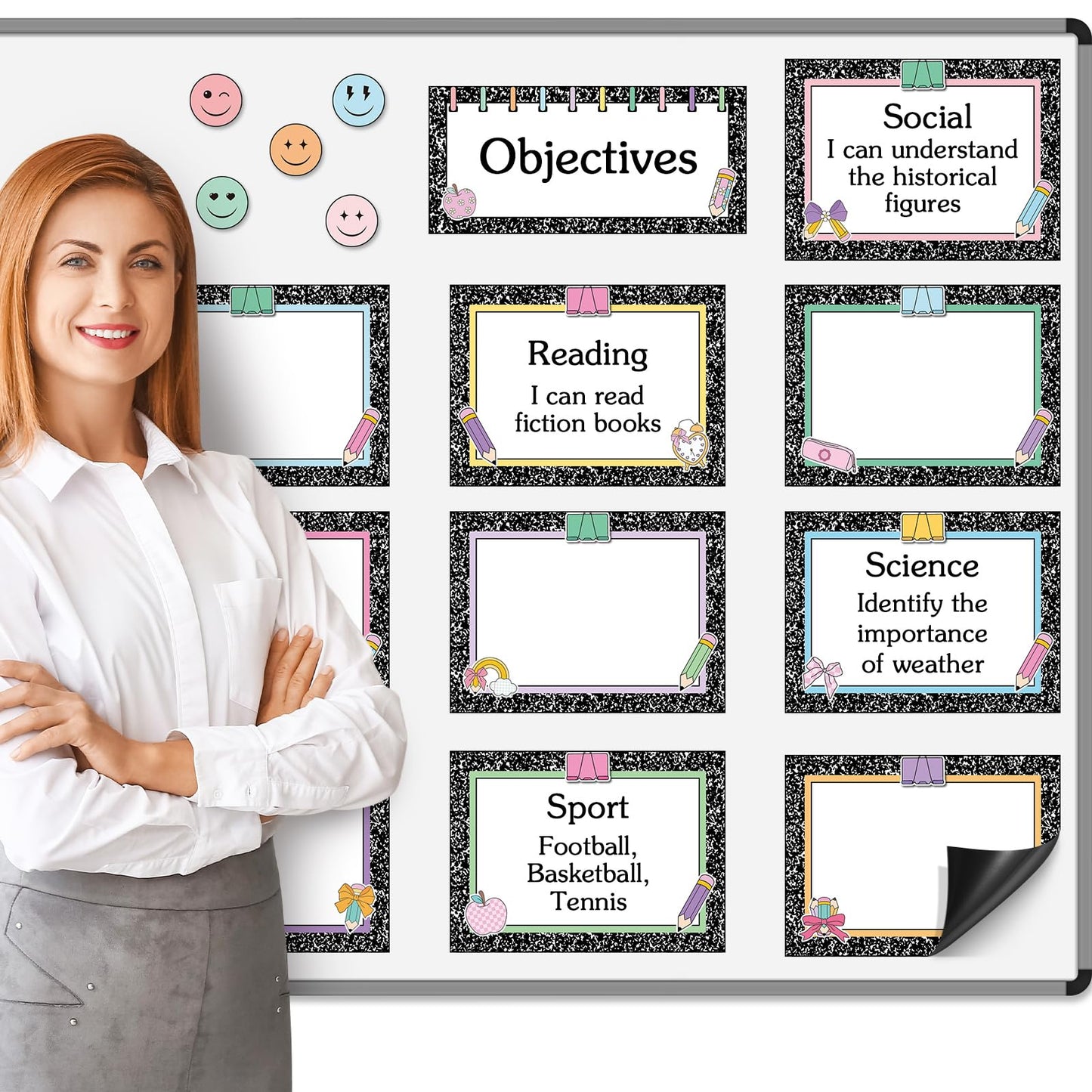 Trandraft 16 Pcs Magnetic Write Wipe Organization Chart Classroom Dry Erase Labels Learning Objectives Board for Whiteboard Goals Targets Classroom Teaching Supplies (Artwork)