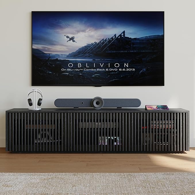 POVISON Full Assembled Mid Century Modern TV Stand, Wood Slatted Media Console