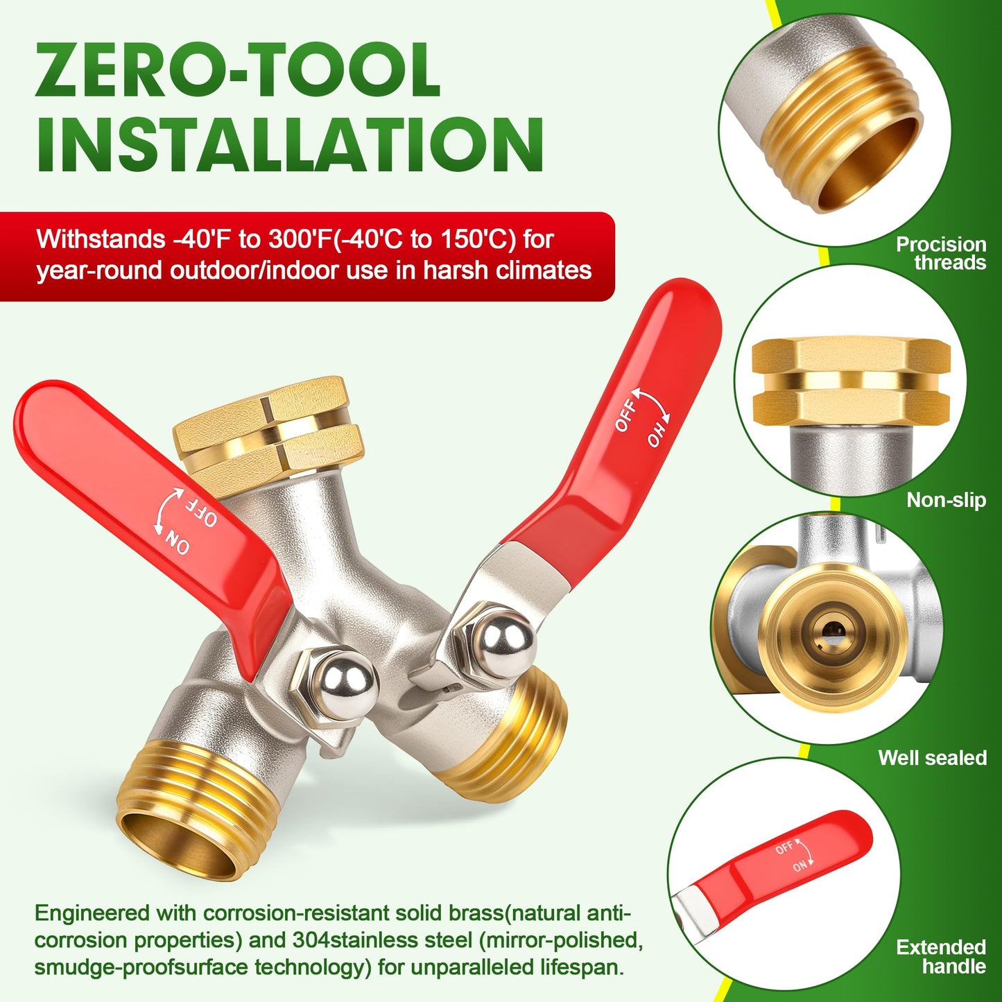 DINGBAI Hose Splitter 2 Way, High Flow Garden Hose Splitter, 3/4” Ght Inlet Brass Heavy Duty Hose Converter, Full Flow water 2 Way Faucet hose splitter, Long Handle Hose Valve Large Outlet.