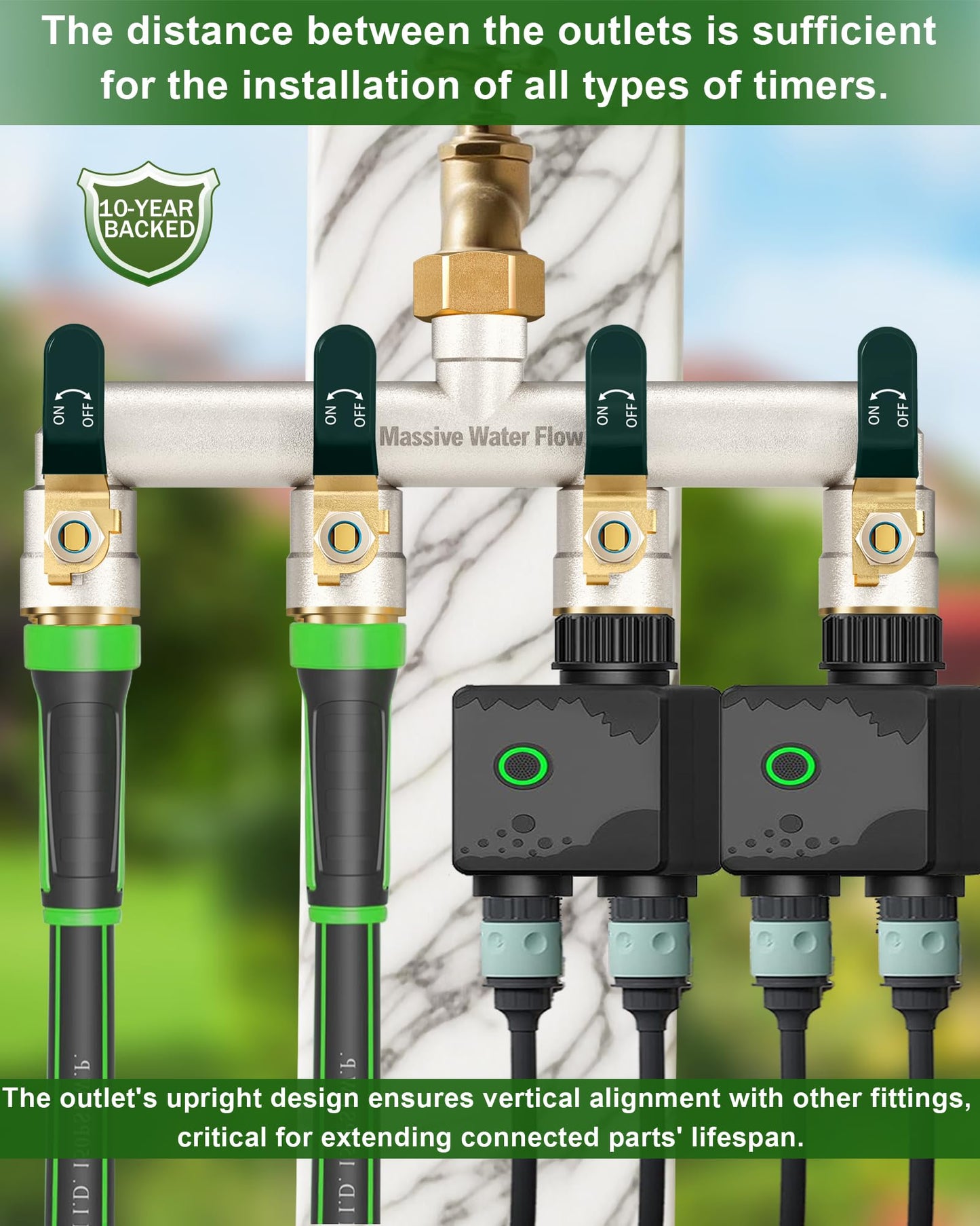 4 Way Hose Splitter, Heavy Duty Full Flow Garden Hose Splitter with 4 Large Metal Handles, Brass Water Hose Bib Splitter, T Adapter Connector with 3/4 - Inch GHT Thread (Green)
