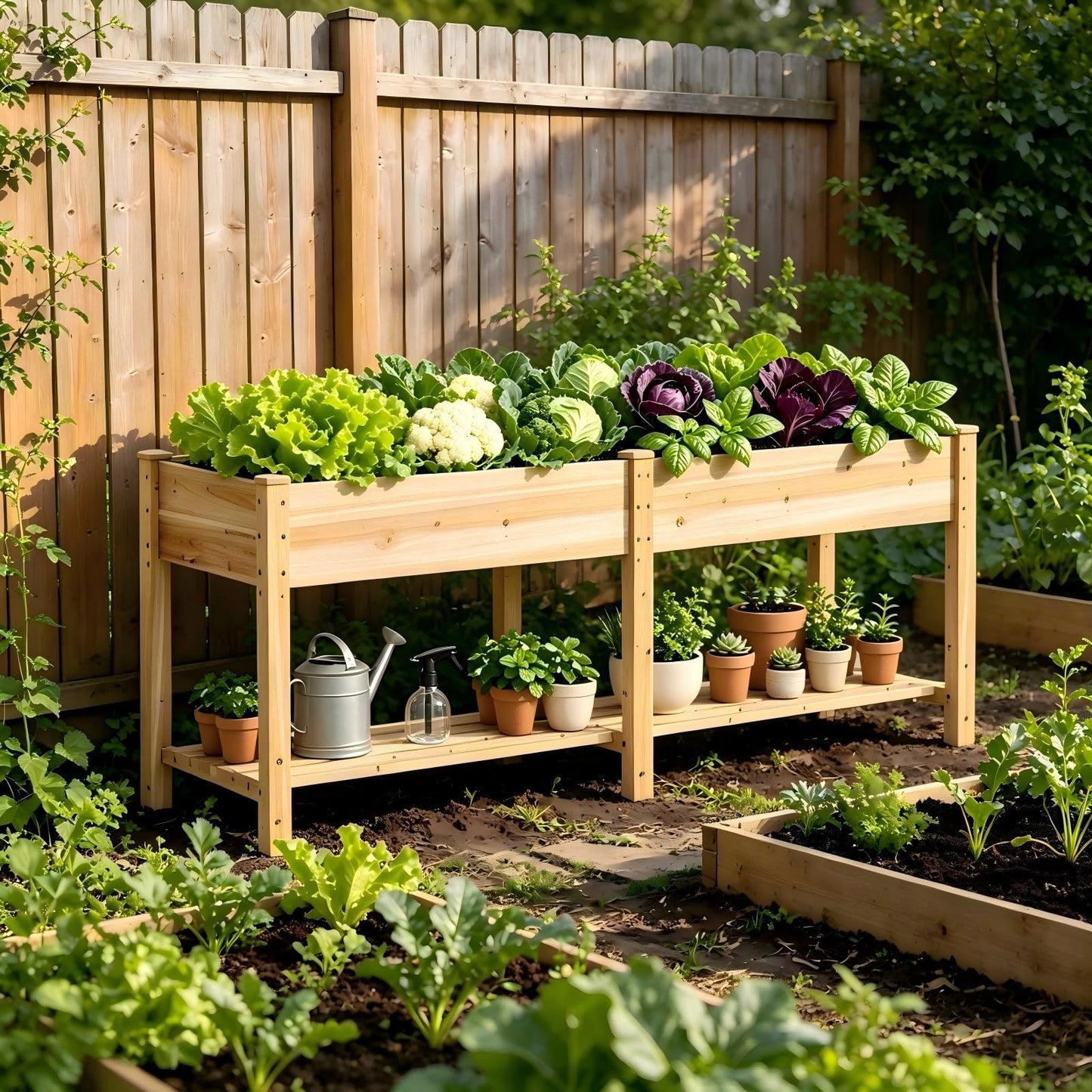 72x24x30.7 Wooden Planter Box with Storage Shelf Raised Garden Bed with Legs Elevated Wood Planter Box for Vegetables Flowers Herbs Garden Planter for Backyard Patio Balcony (Natural, Large)