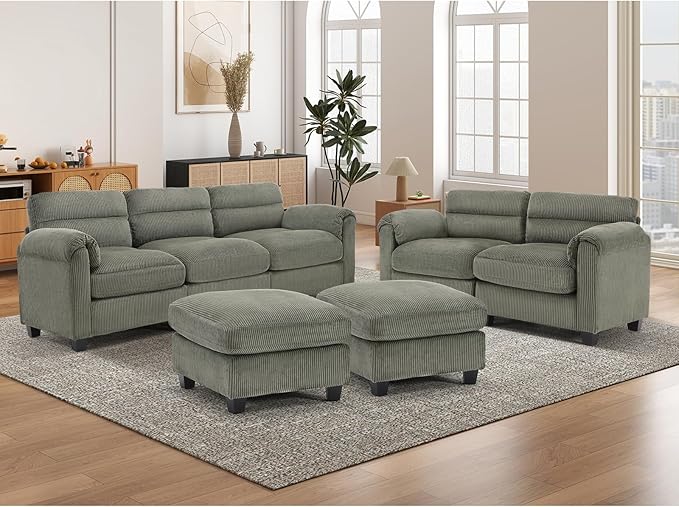 HAOMARKETS Corduroy 4-Piece Sofa Set, Upholstered Ottoman Set of 2, Loveseat