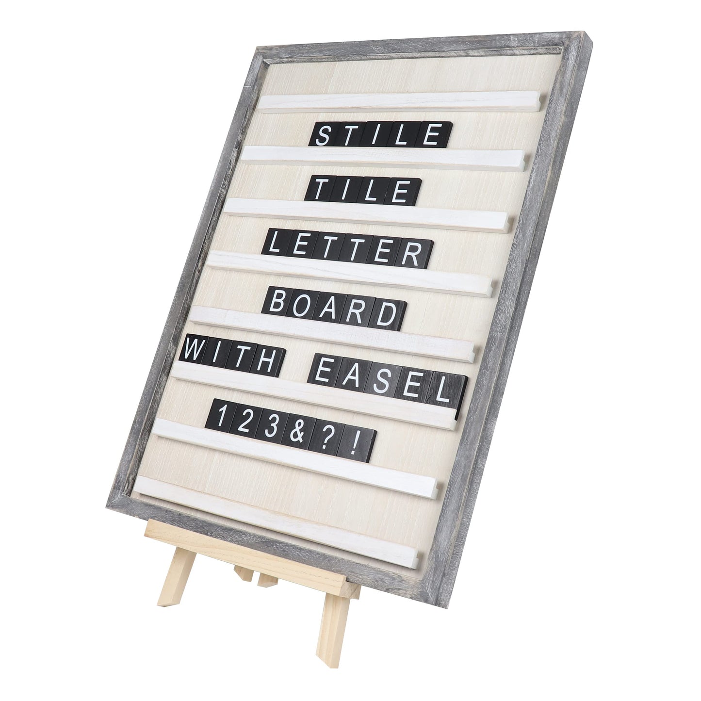 Stiles Wood Tile Letter Board Set and Tabletop Easel Bundle, 23.6" x 17.7" Wooden Message Board with 122 Letters and Numbers, 10.5" x 18.5" Wooden Easel for Announcement Boards, Rustic