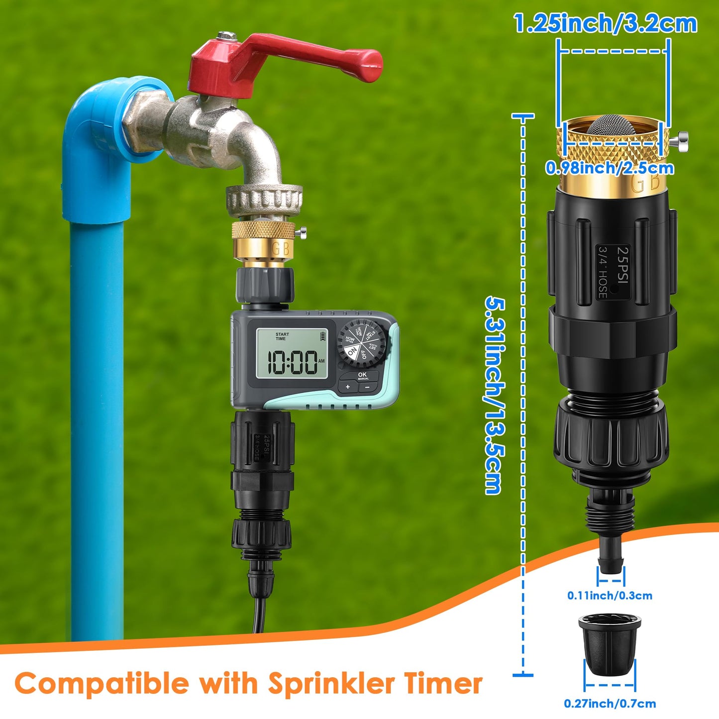 Gulfmew Drip Irrigation Faucet Adapter 25 PSI, 1/4" Tubing Quick Connect to 3/4" Garden Hose with Backflow Preventer, Filter, Plumbers Tape, Pressure Regulator, Copper Drip Irrigation System Fittings
