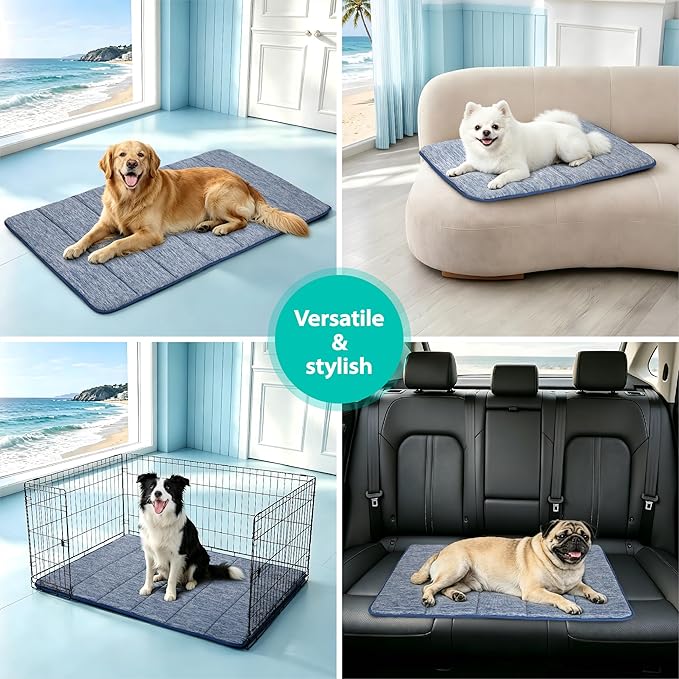 Cooling Dog Mat Q-Max>0.5 - Rapid Cooling Tech, Thin Breathable Crate Pad, Portable Washable Summer Mat, Chill Soothing Fabric - 35"x23" Large Dog, Wander Blue