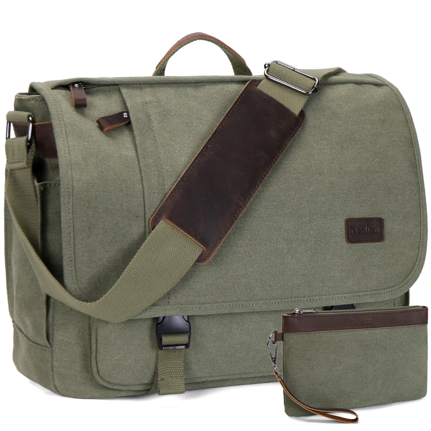 Nerlion Messenger Bag for Men 17-17.3 Inch Laptop Bag Canvas Water-resistant Computer Bag Shoulder Bag Work Briefcase Bookbag for College (Green)