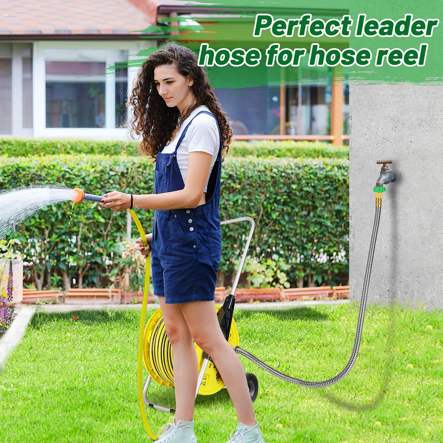 Short Garden Hose with Male to Female Connector - 5ft Metal Leakproof Leader Hose for Reel, Heavy Duty 304 Stainless Steel Flexible Water Pipe for Outdoor Garden Watering Car Pet Cleaning