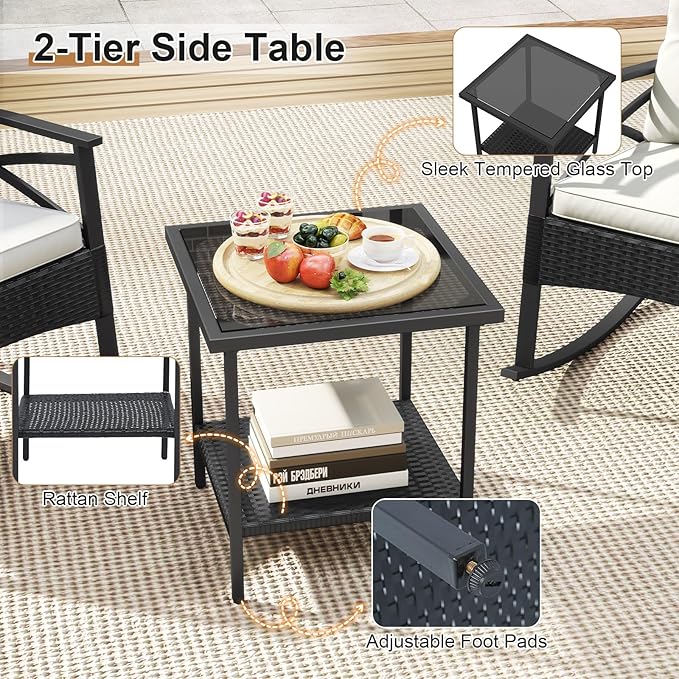 Tangkula 3 Pieces Outdoor Rocking Chairs Set, Rattan Heavy Duty Cushioned