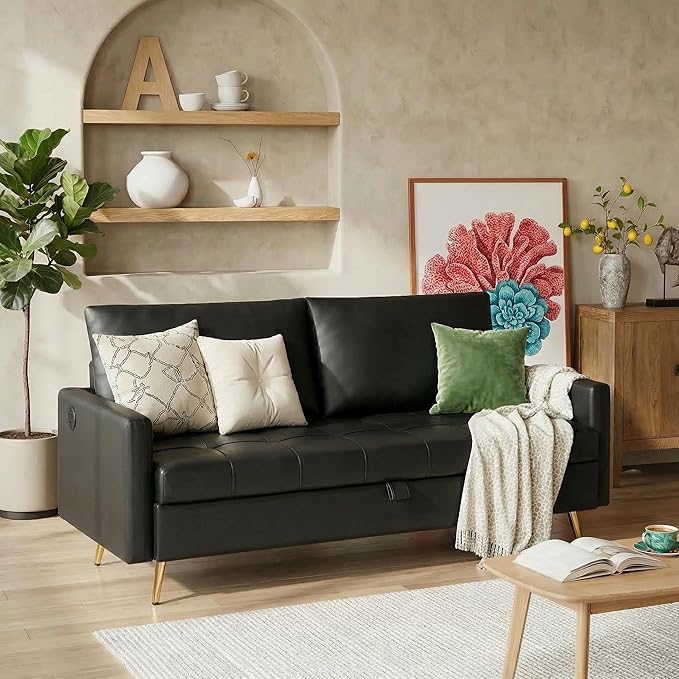 LINLUX Black Leather 60" W Couch