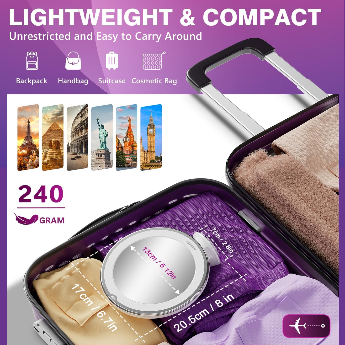 Auxmir 2025 Upgraded 30X Magnifying Mirror with Light, Makeup Mirror with 2-Level Lights, Vanity Mirror with Power Suction Cup and Tweezers, 360° Swivel, Portable Bathroom Mirror for Home Travel