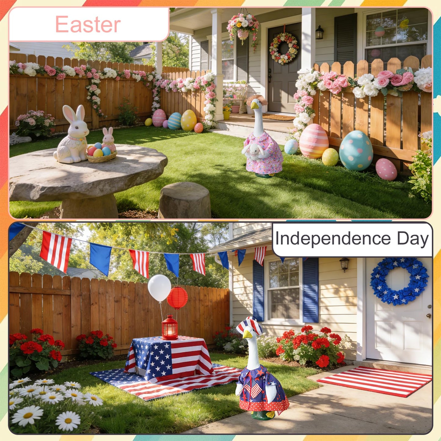 8 Set Porch Goose Outfits All Seasons Holiday Bundle, Valentine's Day, St. Patrick's, Easter, Independence, Back School, Halloween, Thanksgiving, Christmas Clothing for 23" Lawn Goose Patio Yard Deco