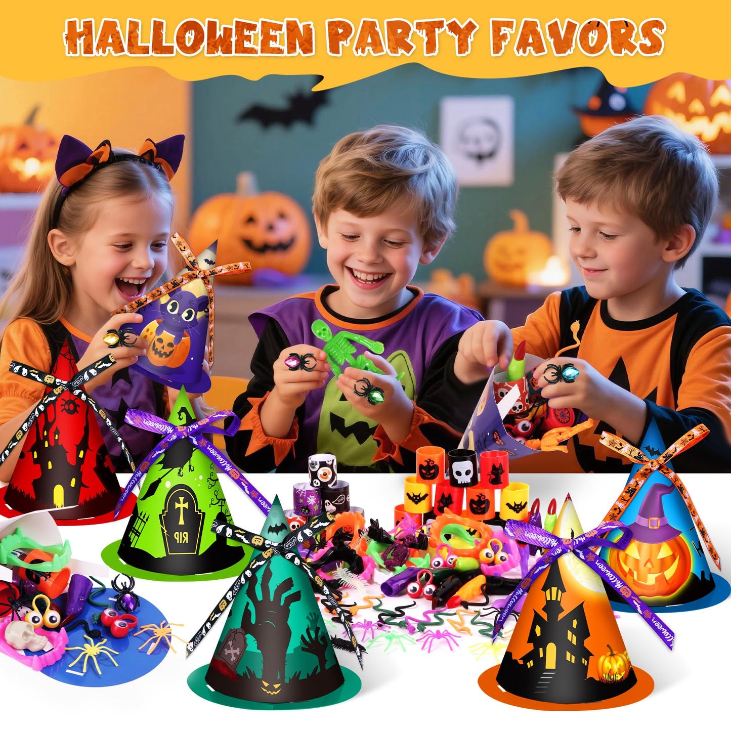234 PCS Halloween Party Favors for Kids,24 Pack Witch Hat Shaped Goodie bag Stuffers with Non-Candy Trick Or Treat Toys Bulk,Goodie Bags Basket Stuffers,Classroom Favors Gifts for Boys Girls