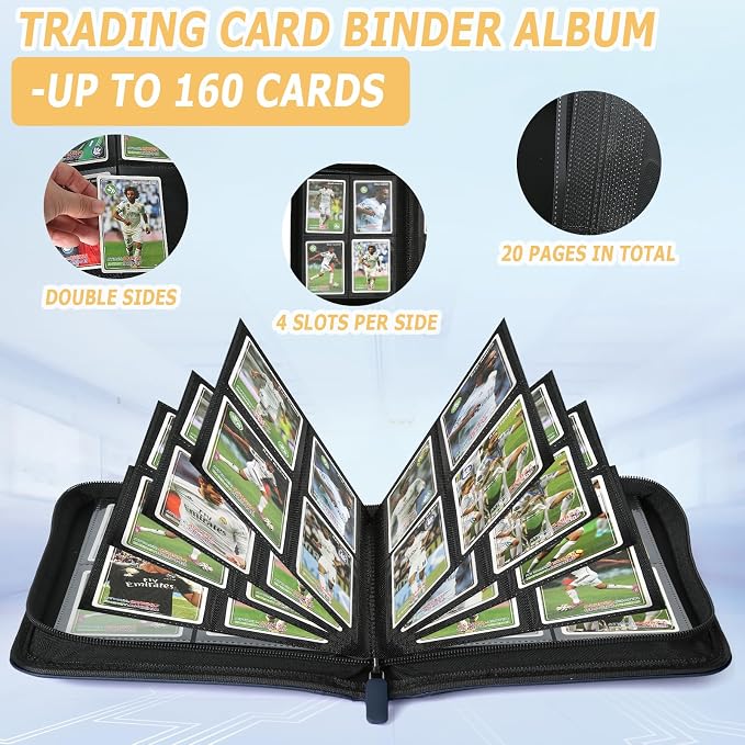 4 Pocket Ringless Side Loading Trading Card Binder, 160 Cards PU Fixed Page Zipper Card Album for TCG Sports Game Cards, Not Fit Top Loaders (Blue)