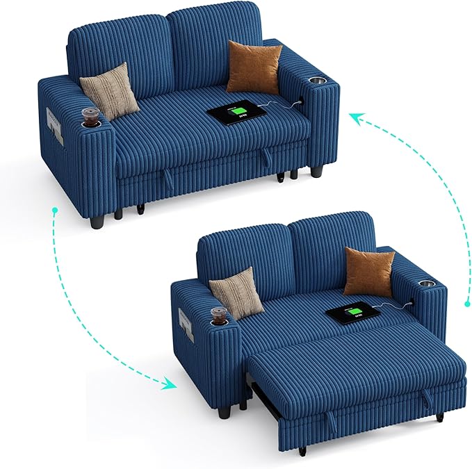 LINSY HOME Loveseat Sofa with Pull Out Couch Chaise: 2-in-1 Convertible 2